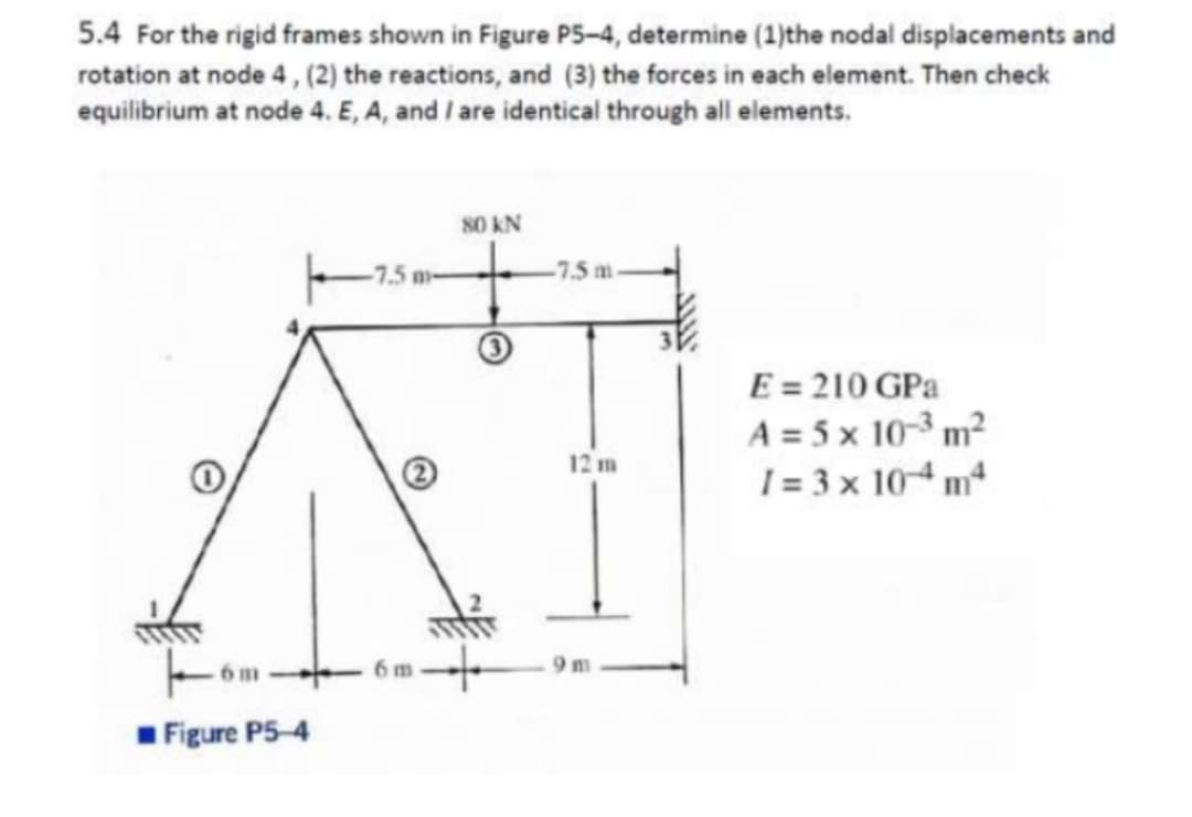 5.4 For the rigid frames shown in Figure P5-4, determine (1)the nodal displacements and
rotation at node 4, (2) the reactions, and (3) the forces in each element. Then check
equilibrium at node 4. E, A, and I are identical through all elements.
6m
= Figure P5-4
-7.5 m-
6m
80 KN
-7.5 m
12 m
9m
E = 210 GPa
A = 5 x 10-³ m²
1=3 x 104 m²