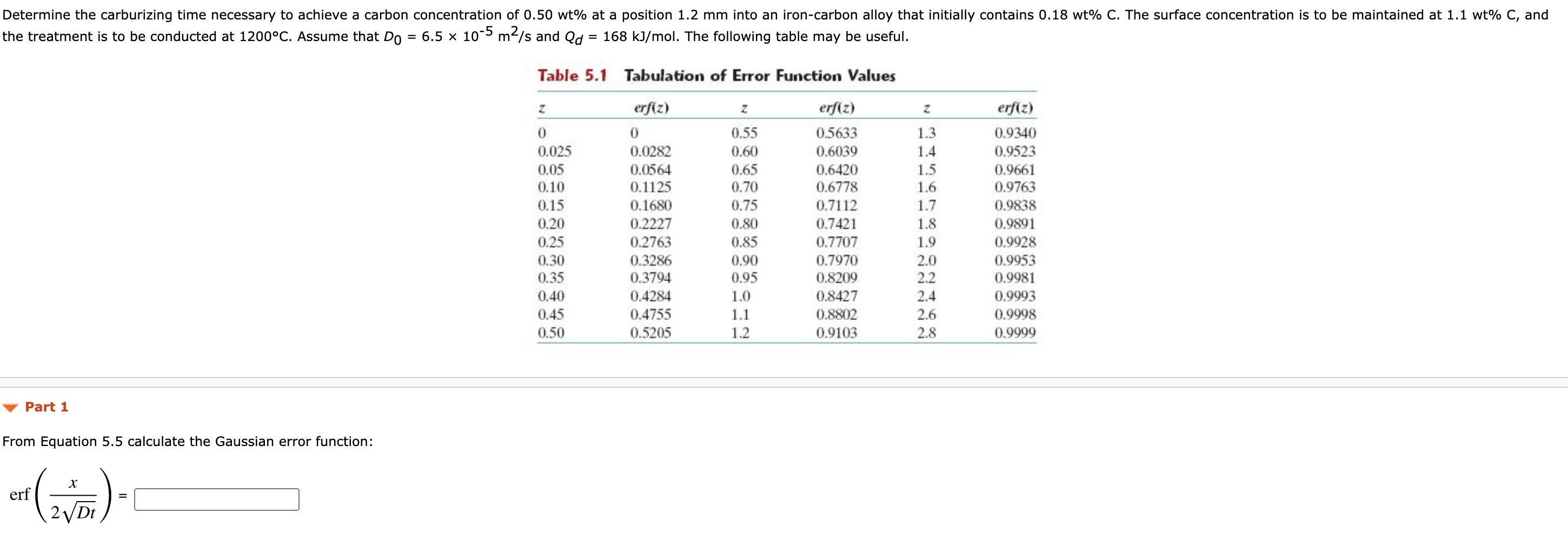 Determine the carburizing time necessary to achieve a carbon concentration of 0.50 wt% at a position 1.2 mm into an iron-carbon alloy that initially contains 0.18 wt% C. The surface concentration is to be maintained at 1.1 wt% C, and
the treatment is to be conducted at 1200°C. Assume that Do = 6.5 x 10-5 m2/s and Qd = 168 kJ/mol. The following table may be useful.
Table 5.1 Tabulation of Error Function Values
erf(z)
erf(z)
erf(z)
0.55
0.5633
1.3
0.9340
0.025
0.0282
0.60
0.6039
1.4
0.9523
0.0564
0.1125
0.6420
0.6778
0.05
0.65
0.70
0.75
1.5
0.9661
0.10
1.6
0.9763
0.15
0.1680
0.7112
1.7
0.9838
0.20
0.2227
0.80
0.7421
1.8
0.9891
0.25
0.2763
0.85
0.7707
1.9
0.9928
0.30
0.35
0.3286
0.90
0.7970
2.0
0.9953
0.3794
0.4284
0.95
0.8209
2.2
0.9981
0.8427
0.8802
0.40
1.0
2.4
0.9993
0.45
0.4755
1.1
2.6
0.9998
0.50
0.5205
1.2
0.9103
2.8
0.9999
Part 1
From Equation 5.5 calculate the Gaussian error function:
erf
=
