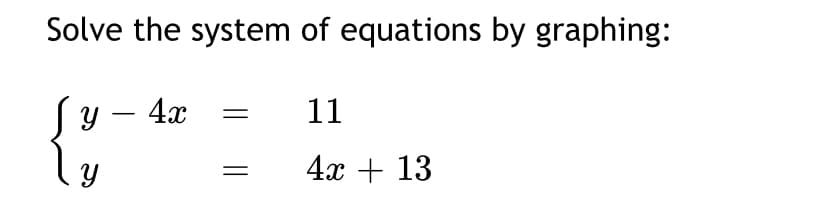 Solve the system of equations by graphing:
y – 4x
11
4x + 13
