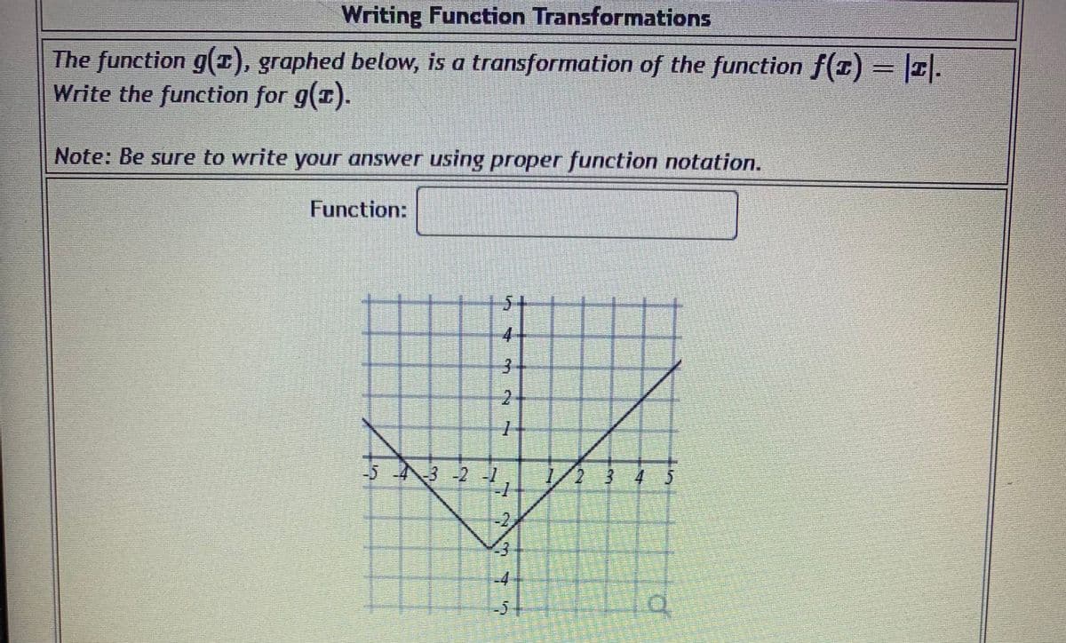 Writing Function Transformations
The function g(E), graphed below, is a transformation of the function f(1) = ||.
Write the function for g(1).
Note: Be sure to write your answer using proper function notation.
Function:
4.
2-
3-21
1/23 4.
-4
-5
