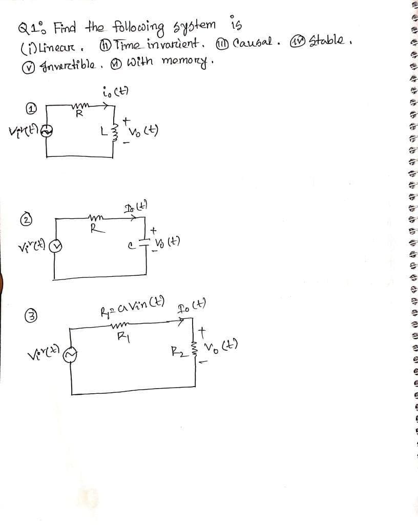 Q1% Find the following system is
()Linear. D Time invarient. O Caubal . Stable .
Inverctible. O with memony.
V (t)
(2)
R
S (t)
Ry2 a Vin Ct)
Po (4)
R V, (t)
