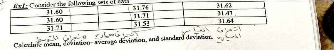 Exl: Consider the following sets of dala
31.60
31.76
31.62
31.60
31.71
31.47
31.71
31.53
31.64
Calculate mcan, deviation- average deviation, and standard deviation.
