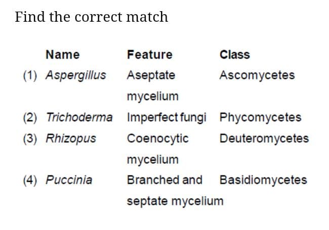 4) Puccinia
Branched and
Basidiomycetes
septate mycelium
