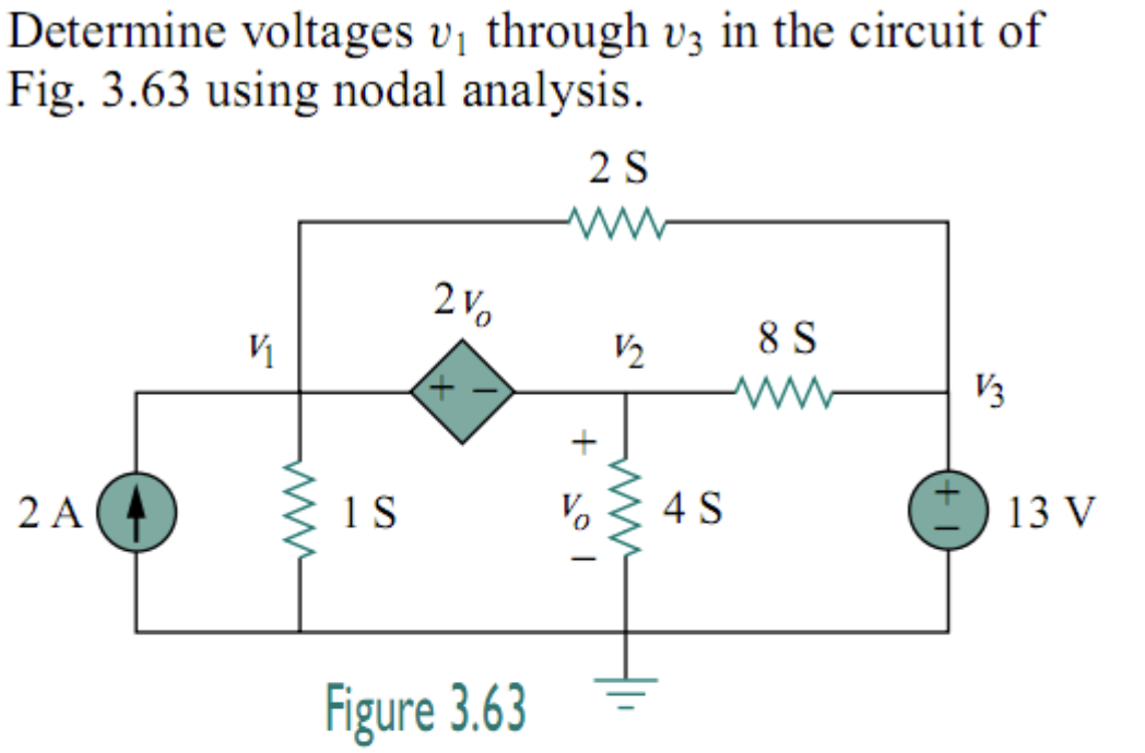 Determine voltages v₁ through v3 in the circuit of
Fig. 3.63 using nodal analysis.
2 S
2 A
V₁
www
1 S
2%
Figure 3.63
+ sol
V/2
4 S
8 S
www
V3
13 V