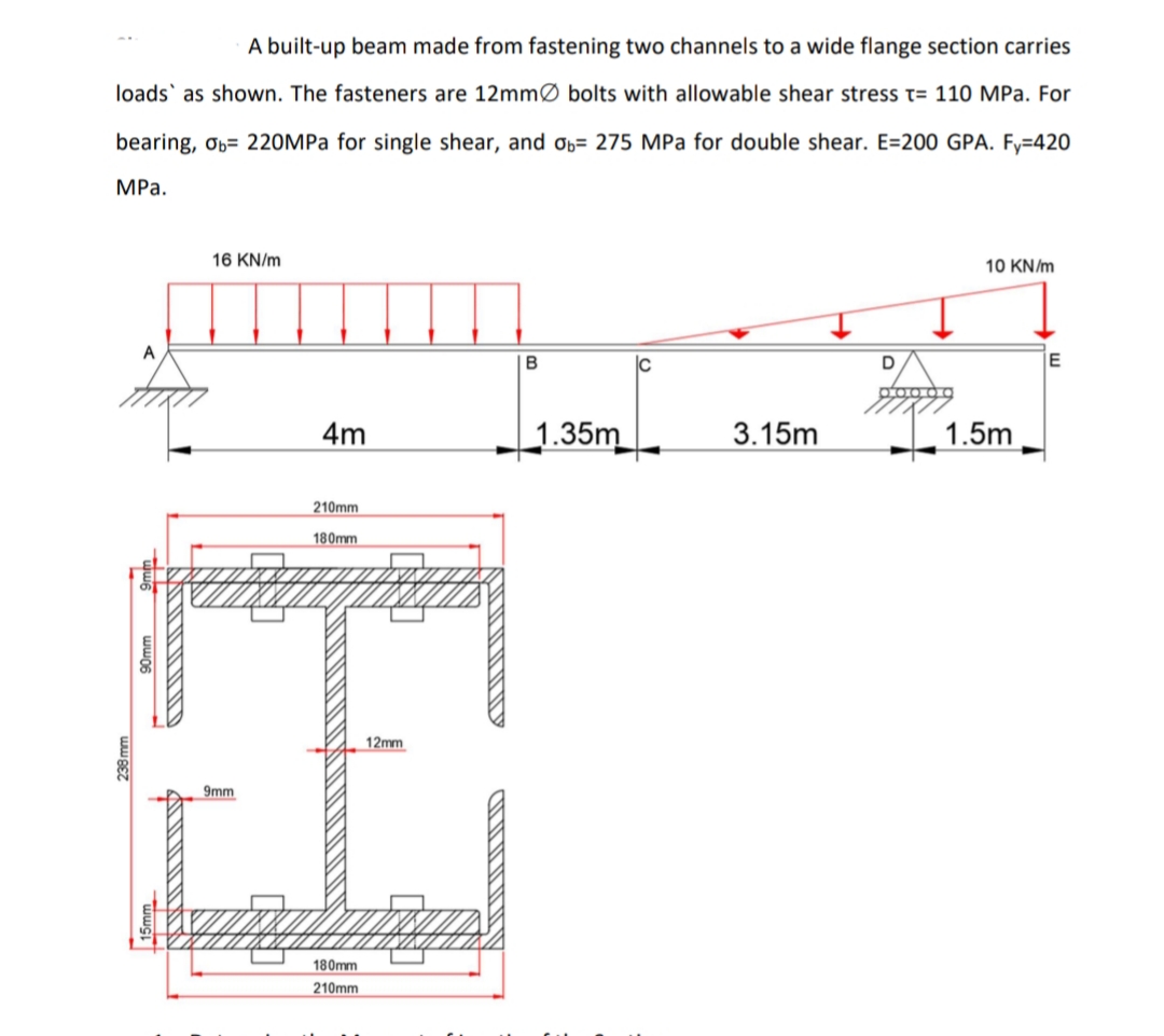 A built-up beam made from fastening two channels to a wide flange section carries
loads' as shown. The fasteners are 12mmØ bolts with allowable shear stress t= 110 MPa. For
bearing, Ob= 220MPA for single shear, and ob= 275 MPa for double shear. E=200 GPA. Fy=420
MPа.
16 KN/m
10 KN/m
A
|E
4m
1.35m
3.15m
1.5m
210mm
180mm
12mm
9mm
180mm
210mm
