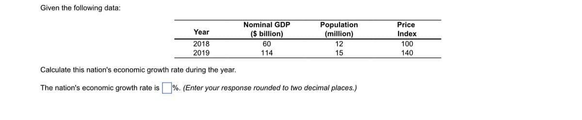 Given the following data:
Nominal GDP
Population
(million)
Price
Year
($ billion)
Index
2018
60
12
100
2019
114
15
140
Calculate this nation's economic growth rate during the year.
The nation's economic growth rate is %. (Enter your response rounded to two decimal places.)
