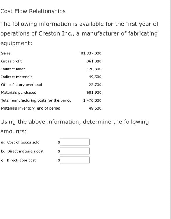 Cost Flow Relationships
The following information is available for the first year of
operations of Creston Inc., a manufacturer of fabricating
equipment:
Sales
Gross profit
Indirect labor
Indirect materials
Other factory overhead
Materials purchased
Total manufacturing costs for the period
Materials inventory, end of period
$1,337,000
361,000
120,300
49,500
22,700
681,900
1,476,000
49,500
Using the above information, determine the following
amounts:
a. Cost of goods sold
b. Direct materials cost
c. Direct labor cost