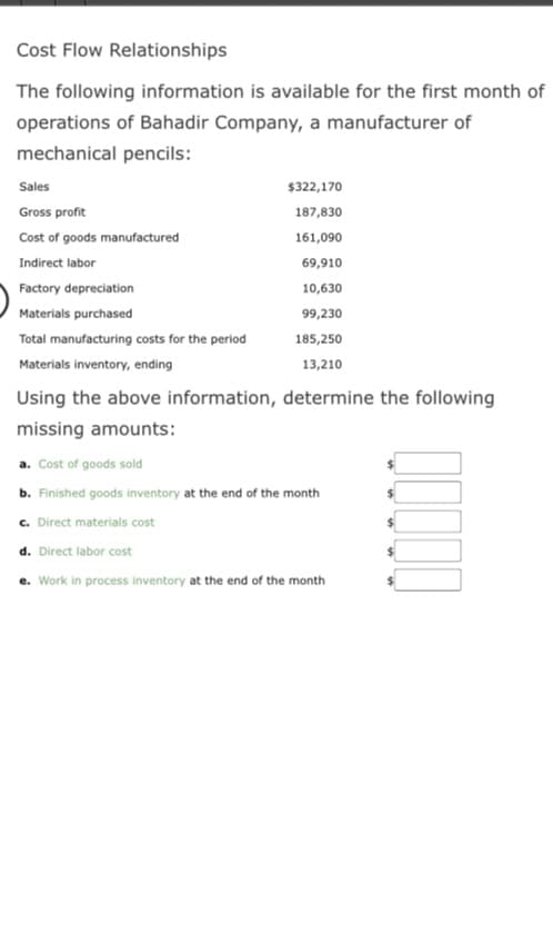 Cost Flow Relationships
The following information is available for the first month of
operations of Bahadir Company, a manufacturer of
mechanical pencils:
Sales
Gross profit
Cost of goods manufactured
Indirect labor
Factory depreciation
Materials purchased
Total manufacturing costs for the period
Materials inventory, ending
$322,170
187,830
161,090
69,910
10,630
99,230
185,250
13,210
Using the above information, determine the following
missing amounts:
a. Cost of goods sold
b. Finished goods inventory at the end of the month
c. Direct materials cost
d. Direct labor cost
e. Work in process inventory at the end of the month