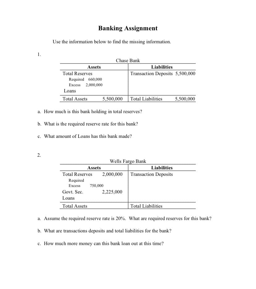 Banking Assignment
Use the information below to find the missing information.
Chase Bank
Assets
Liabilities
Transaction Deposits 5,500,000
Total Reserves
Required 660,000
Excess 2,000,000
Loans
Total Assets
5,500,000 Total Liabilities 5,500,000
a. How much is this bank holding in total reserves?
b. What is the required reserve rate for this bank?
c. What amount of Loans has this bank made?
2.
Assets
Liabilities
Transaction Deposits
Total Reserves
2,000,000
Required
Excess
Govt. Sec.
2,225,000
Loans
Total Assets
Total Liabilities
a. Assume the required reserve rate is 20%. What are required reserves for this bank?
b. What are transactions deposits and total liabilities for the bank?
c. How much more money can this bank loan out at this time?
1.
750,000
Wells Fargo Bank