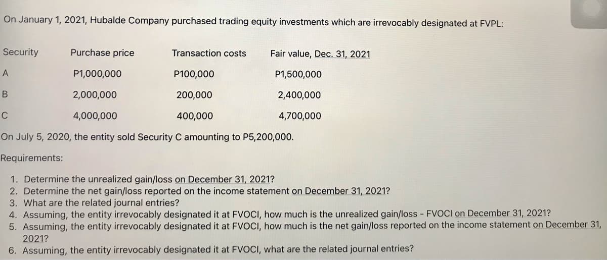 On January 1, 2021, Hubalde Company purchased trading equity investments which are irrevocably designated at FVPL:
Security
Purchase price
Transaction costs
Fair value, Dec. 31, 2021
P1,000,000
P100,000
P1,500,000
В
2,000,000
200,000
2,400,000
4,000,000
400,000
4,700,000
On July 5, 2020, the entity sold Security C amounting to P5,200,000.
Requirements:
1. Determine the unrealized gain/loss on December 31, 2021?
2. Determine the net gain/loss reported on the income statement on December 31, 2021?
3. What are the related journal entries?
4. Assuming, the entity irrevocably designated it at FVOCI, how much is the unrealized gain/loss FVOCI on December 31, 2021?
5. Assuming, the entity irrevocably designated it at FVOCI, how much is the net gain/loss reported on the income statement on December 31,
2021?
6. Assuming, the entity irrevocably designated it at FVOCI, what are the related journal entries?
