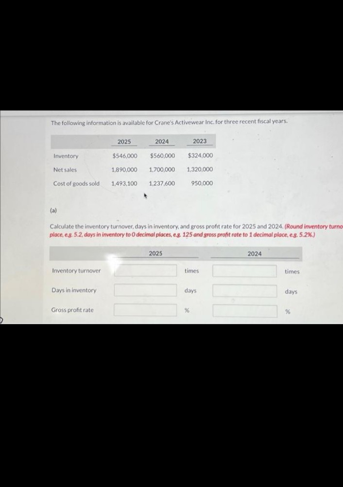 The following information is available for Crane's Activewear Inc. for three recent fiscal years.
2025
2024
2023
Inventory
$546,000
$560,000 $324,000
Net sales
1,890,000
1,700,000 1,320,000
Cost of goods sold
1,493,100
1,237,600
950,000
(a)
Calculate the inventory turnover, days in inventory, and gross profit rate for 2025 and 2024. (Round inventory turno
place, e.g. 5.2, days in inventory to O decimal places, eg. 125 and gross profit rate to 1 decimal place, e.g. 5.2%)
2025
2024
Inventory turnover
times
times
Days in inventory
days
days
Gross profit rate
%
%