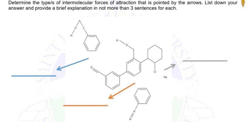 Determine the type/s of intermolecular forces of attraction that is pointed by the arrows. List down your
answer and provide a brief explanation in not more than 3 sentences for each.
Na
RSTy
