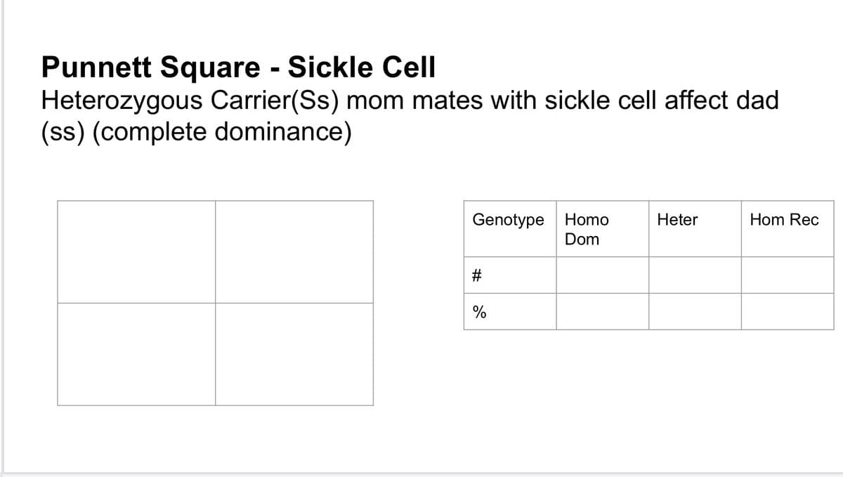 Punnett Square - Sickle Cell
Heterozygous Carrier(Ss) mom mates with sickle cell affect dad
(ss) (complete dominance)
Genotype
Homo
Heter
Hom Rec
Dom
%23
