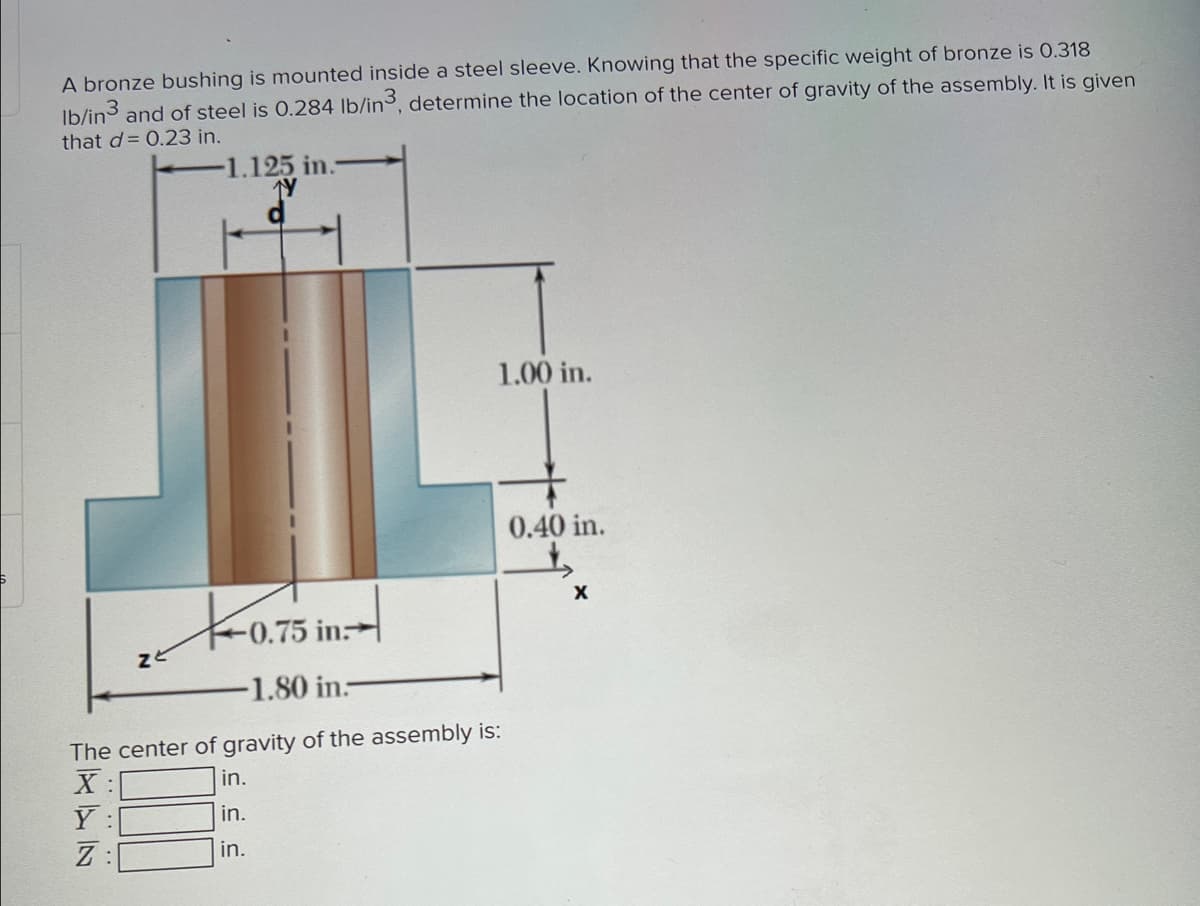 A bronze bushing is mounted inside a steel sleeve. Knowing that the specific weight of bronze is 0.318
lb/in3 and of steel is 0.284 lb/in3, determine the location of the center of gravity of the assembly. It is given
that d= 0.23 in.
-1.125 in.
XAN
-0.75 in.
-1.80 in.-
The center of gravity of the assembly is:
X:
Y
TL
Z:
ZE
1.00 in.
in.
in.
in.
0.40 in.
X