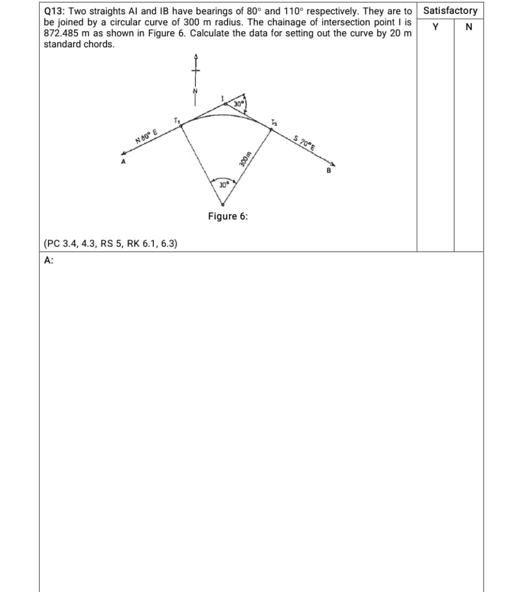 Q13: Two straights Al and IB have bearings of 80° and 110° respectively. They are to Satisfactory
be joined by a circular curve of 300 m radius. The chainage of intersection point I is
872.485 m as shown in Figure 6. Calculate the data for setting out the curve by 20 m
standard chords.
Y
N 80° E
S 70°E
A
300
Figure 6:
(PC 3.4, 4.3, RS 5, RK 6.1, 6.3)
A:
