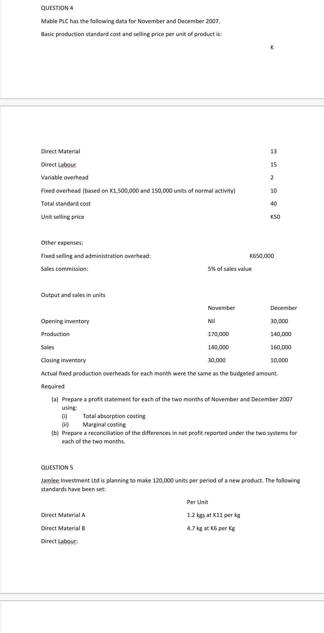 QUESTION 4
Mable PLC has the following data for November and December 2007.
Basic production standard cost and selling price per unit of product is:
Direct Material
Direct Labour
Variable overhead
Fixed overhead (based on K1,500,000 and 150,000 units of normal activity)
Total standard cost
Unit selling price
Other expenses:
Fixed selling and administration overhead:
Sales commission:
Output and sales in units
Opening inventory
Production
Sales
(i)
(ii) Marginal costing
Total absorption costing
QUESTION 5
5% of sales value
November
Nil
Direct Material A
Direct Material B
Direct Labour:
K
13
15
2
Per Unit
1.2 kgs at K11 per kg
4.7 kg at K6 per Kg
10
170,000
140,000
Closing inventory
30,000
Actual fixed production overheads for each month were the same as the budgeted amount.
Required
(a) Prepare a profit statement for each of the two months of November and December 2007
using:
40
K50
K650,000
December
(b) Prepare a reconciliation of the differences in net profit reported under the two systems for
each of the two months.
30,000
140,000
160,000
10,000
Jamlee Investment Ltd is planning to make 120,000 units per period of a new product. The following
standards have been set: