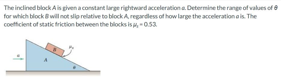 The inclined block A is given a constant large rightward acceleration a. Determine the range of values of 0
for which block B will not slip relative to block A, regardless of how large the acceleration a is. The
coefficient of static friction between the blocks is us = 0.53.
a
A
B