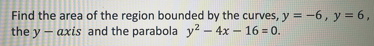 Find the area of the region bounded by the curves, y = -6 ,
the y – axis and the parabola y2 – 4x – 16 = 0.
y = 6 ,
%3D
-
