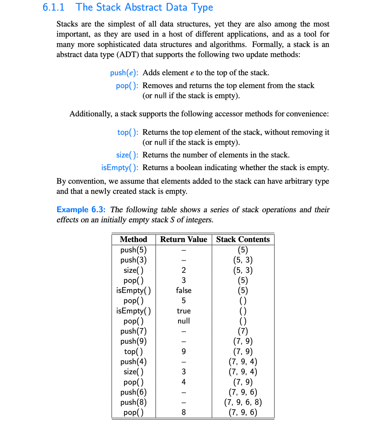 6.1.1 The Stack Abstract Data Type
Stacks are the simplest of all data structures, yet they are also among the most
important, as they are used in a host of different applications, and as a tool for
many more sophisticated data structures and algorithms. Formally, a stack is an
abstract data type (ADT) that supports the following two update methods:
push(e): Adds element e to the top of the stack.
pop(): Removes and returns the top element from the stack
(or null if the stack is empty).
Additionally, a stack supports the following accessor methods for convenience:
top(): Returns the top element of the stack, without removing it
(or null if the stack is empty).
size(): Returns the number of elements in the stack.
isEmpty(): Returns a boolean indicating whether the stack is empty.
By convention, we assume that elements added to the stack can have arbitrary type
and that a newly created stack is empty.
Example 6.3: The following table shows a series of stack operations and their
effects on an initially empty stack S of integers.
Method
push(5)
push (3)
size()
pop()
isEmpty()
pop()
isEmpty()
pop()
push (7)
push(9)
top()
push(4)
size()
pop()
push(6)
push(8)
pop()
Return Value Stack Contents
(5)
(5, 3)
(5,3)
(5)
2
WN
3
false
5
true
null
|||3|| 00
4
8
(7)
(7,9)
(7,9)
(7, 9, 4)
(7, 9, 4)
(7,9)
(7, 9, 6)
(7, 9, 6, 8)
(7, 9, 6)