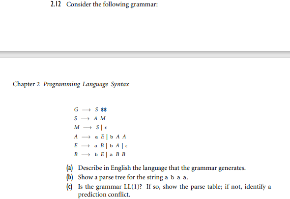 2.12 Consider the following grammar:
Chapter 2 Programming Language Syntax
GS $$
SAM
M→ SI €
A →
a E| bA A
E → a Bb A | €
Bb Ela BB
(a) Describe in English the language that the grammar generates.
(b) Show a parse tree for the string a b a a.
(c) Is the grammar LL(1)? If so, show the parse table; if not, identify a
prediction conflict.