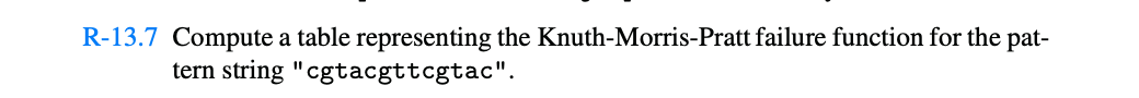 R-13.7 Compute a table representing the Knuth-Morris-Pratt failure function for the pat-
tern string "cgtacgttcgtac".