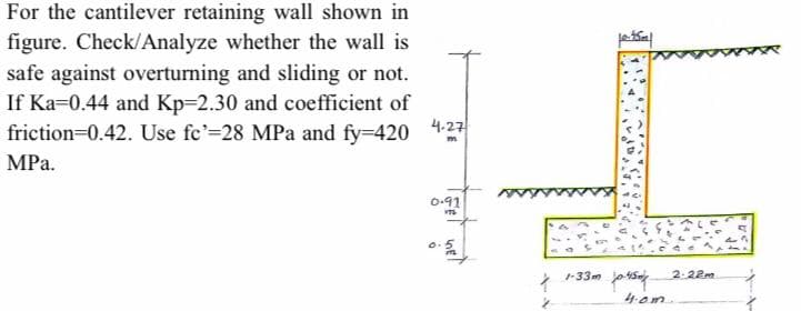 For the cantilever retaining wall shown in
figure. Check/Analyze whether the wall is
safe against overturning and sliding or not.
If Ka=0.44 and Kp=2.30 and coefficient of
friction=0.42. Use fc'=28 MPa and fy-420 4:27
МРа.
0-91
1-33m
2.22m
4.om.
