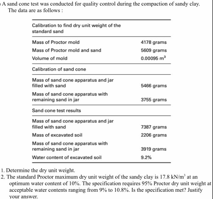 A sand cone test was conducted for quality control during the compaction of sandy clay.
The data are as follows :
Calibration to find dry unit weight of the
standard sand
Mass of Proctor mold
4178 grams
Mass of Proctor mold and sand
5609 grams
Volume of mold
0.00095 m
Calibration of sand cone
Mass of sand cone apparatus and jar
filled with sand
5466 grams
Mass of sand cone apparatus with
remaining sand in jar
3755 grams
Sand cone test results
Mass of sand cone apparatus and jar
filled with sand
7387 grams
Mass of excavated soil
2206 grams
Mass of sand cone apparatus with
remaining sand in jar
3919 grams
Water content of excavated soil
9.2%
1. Determine the dry unit weight.
2. The standard Proctor maximum dry unit weight of the sandy clay is 17.8 kN/m at an
optimum water content of 10%. The specification requires 95% Proctor dry unit weight at
acceptable water contents ranging from 9% to 10.8%. Is the specification met? Justify
vour answer.
