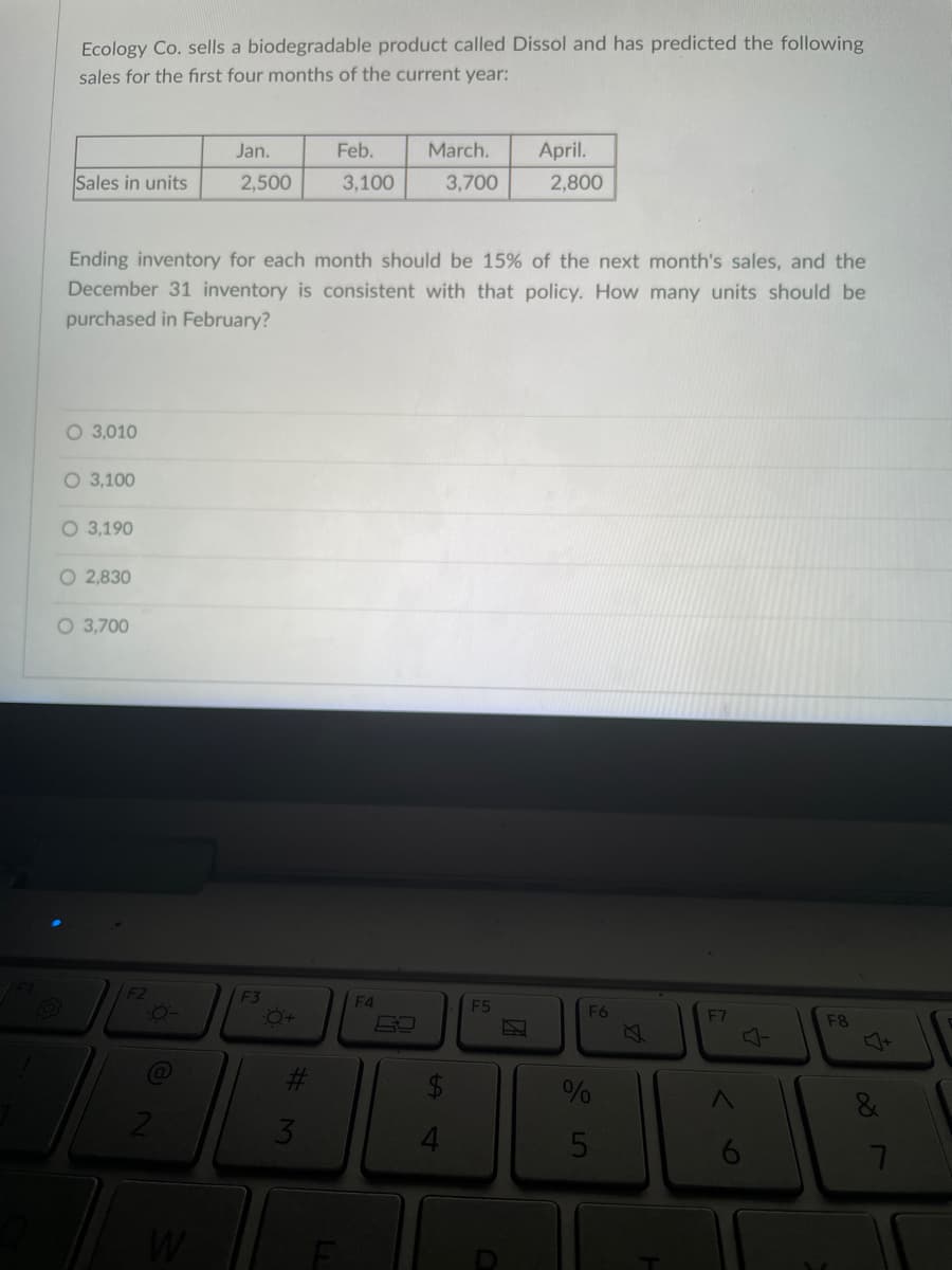 Ecology Co. sells a biodegradable product called Dissol and has predicted the following
sales for the first four months of the current year:
Sales in units
O 3,010
O 3,100
O 3,190
O 2,830
O 3,700
Ending inventory for each month should be 15% of the next month's sales, and the
December 31 inventory is consistent with that policy. How many units should be
purchased in February?
F2
-0-
(@
Jan.
2
2,500
F3
0+
Feb.
3
3,100
March. April.
3,700
F4
2,800
F5
F6
%
5
F7
6
2
F8
7