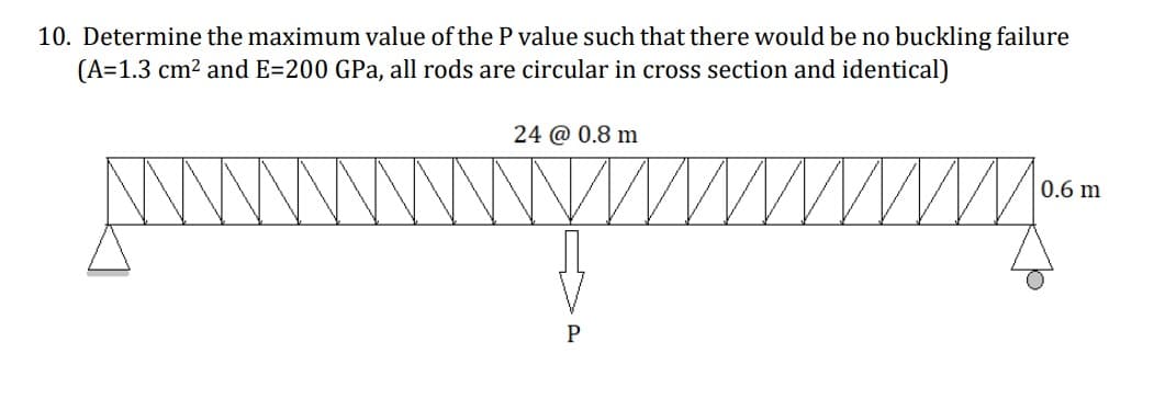 10. Determine the maximum value of the P value such that there would be no buckling failure
(A=1.3 cm? and E=200 GPa, all rods are circular in cross section and identical)
24 @ 0.8 m
0.6 m
