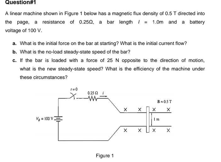 Question#1
A linear machine shown in Figure 1 below has a magnetic flux density of 0.5 T directed into
the page, a resistance of 0.250, a bar length I = 1.0m and a battery
voltage of 100 V.
a. What is the initial force on the bar at starting? What is the initial current flow?
b. What is the no-load steady-state speed of the bar?
c. If the bar is loaded with a force of 25 N opposite to the direction of motion,
what is the new steady-state speed? What is the efficiency of the machine under
these circumstances?
1=0
0.25 2
B = 0.5 T
Ve = 100 V.
Im
Figure 1
