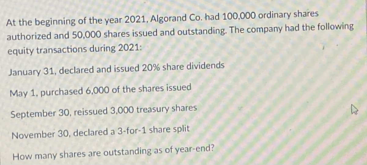 At the beginning of the year 2021, Algorand Co. had 100,000 ordinary shares
authorized and 50,000 shares issued and outstanding. The company had the following
equity transactions during 2021:
January 31, declared and issued 20% share dividends
May 1, purchased 6,000 of the shares issued
September 30, reissued 3,000 treasury shares
November 30, declared a 3-for-1 share split
How many shares are outstanding as of year-end?

