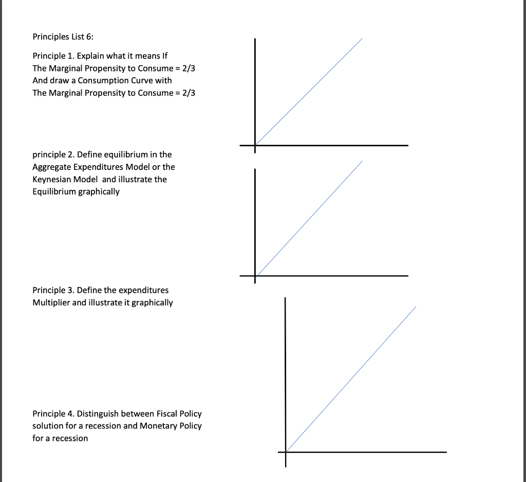 Principles List 6:
Principle 1. Explain what it means If
The Marginal Propensity to Consume = 2/3
And draw a Consumption Curve with
The Marginal Propensity to Consume = 2/3
principle 2. Define equilibrium in the
Aggregate Expenditures Model or the
Keynesian Model and illustrate the
Equilibrium graphically
Principle 3. Define the expenditures
Multiplier and illustrate it graphically
Principle 4. Distinguish between Fiscal Policy
solution for a recession and Monetary Policy
for a recession
