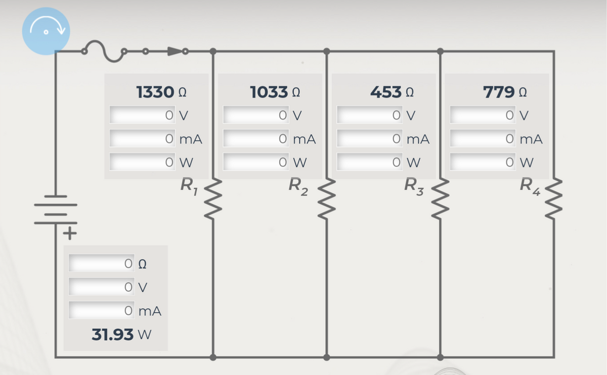 +|1|
1330 Ω
OV
0 mA
OW
OV
0 mA
31.93 W
R₁
ww
1033 Ω
OV
MA
OW
R₂
453 Ω
OV
mA
OW
R₂
ww
779 Ω
OV
MA
OW
R₂
www