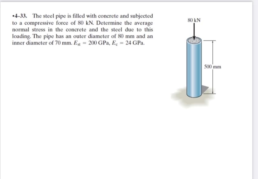 •4-33. The steel pipe is filled with concrete and subjected
to a compressive force of 80 kN. Determine the average
normal stress in the concrete and the steel due to this
loading. The pipe has an outer diameter of 80 mm and an
inner diameter of 70 mm. E = 200 GPa, E. = 24 GPa.
80 kN
500 mm
