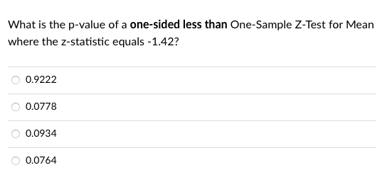 What is the p-value of a one-sided less than One-Sample Z-Test for Mean
where the z-statistic equals -1.42?
0.9222
0.0778
0.0934
0.0764
