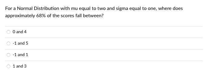 For a Normal Distribution with mu equal to two and sigma equal to one, where does
approximately 68% of the scores fall between?
O and 4
-1 and 5
-1 and 1
1 and 3
