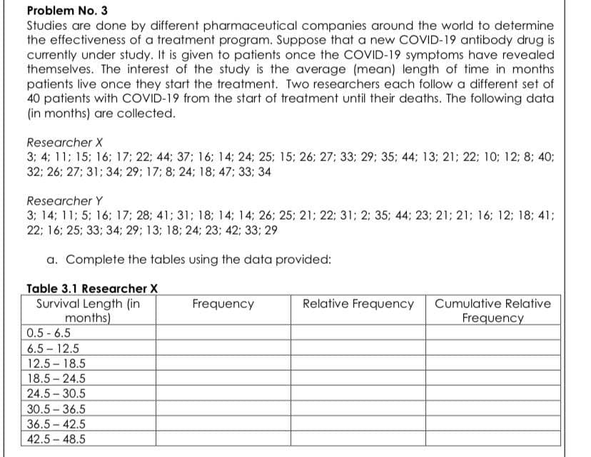 Problem No. 3
Studies are done by different pharmaceutical companies around the world to determine
the effectiveness of a treatment program. Suppose that a new COVID-19 antibody drug is
currently under study. It is given to patients once the COVID-19 symptoms have revealed
themselves. The interest of the study is the average (mean) length of time in months
patients live once they start the treatment. Two researchers each follow a different set of
40 patients with COVID-19 from the start of treatment until their deaths. The following data
(in months) are collected.
Researcher X
3; 4; 11; 15; 16; 17; 22; 44; 37; 16; 14; 24; 25; 15: 26; 27; 33; 29; 35; 44; 13; 21; 22; 10; 12; 8; 40;
32; 26; 27; 31; 34; 29; 17; 8; 24; 18; 47: 33; 34
Researcher Y
3; 14; 11; 5; 16; 17: 28; 41; 31; 18; 14; 14; 26; 25; 21; 22; 31; 2; 35; 44; 23; 21; 21; l6; 12; 18; 41;
22; 16: 25; 33; 34; 29; 13; 18; 24; 23; 42: 33; 29
a. Complete the tables using the data provided:
Table 3.1 Researcher X
Survival Length (in
months)
0.5 - 6.5
6.5 - 12.5
12.5 - 18.5
18.5-24.5
24.5- 30.5
Frequency
Relative Frequency
Cumulative Relative
Frequency
30.5-36.5
36.5-42.5
42.5- 48.5
