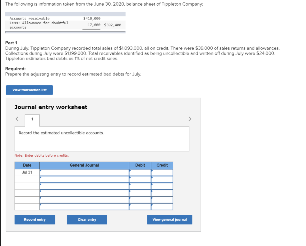 The following is information taken from the June 30, 2020, balance sheet of Tippleton Company:
Accounts receivable
Less: Allowance for doubtful
$410,000
17,600 $392,400
accounts
Part 1
During July, Tippleton Company recorded total sales of $1,093,000, all on credit. There were $39,000 of sales returns and allowances.
Collections during July were $1,199,000. Total receivables identified as being uncollectible and written off during July were $24,000.
Tippleton estimates bad debts as 1% of net credit sales.
Required:
Prepare the adjusting entry to record estimated bad debts for July.
View transaction list
Journal entry worksheet
Record the estimated uncollectible accounts.
Note: Enter debits before credits.
Date
General Journal
Debit
Credit
Jul 31
Record entry
Clear entry
View general journal
