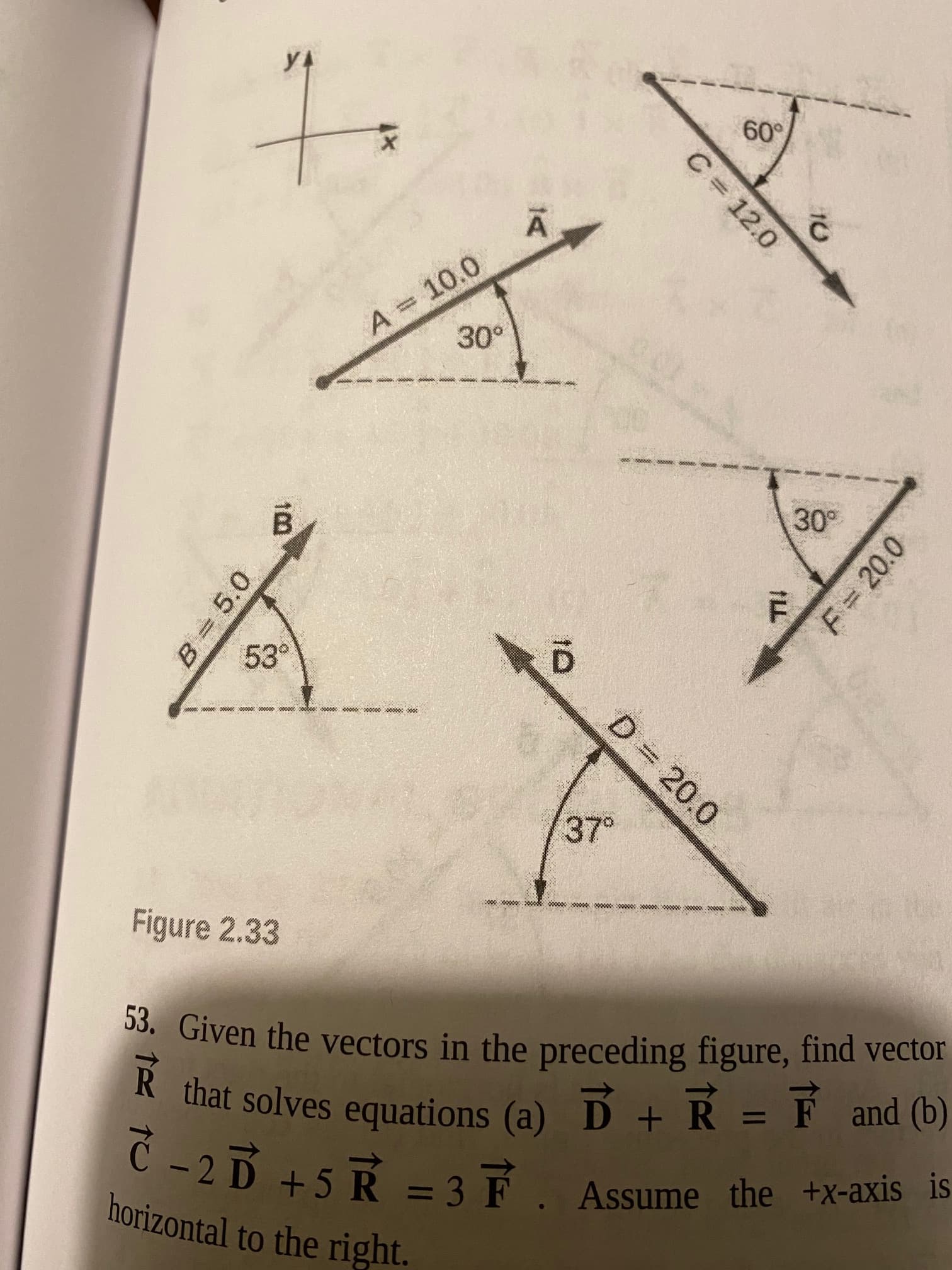 10
C = 12.0
:-
F= 20.0
D= 20.0
B = 5.0
09
A
A = 10.0
B.
53°
Figure 2.33
3. Given the vectors in the preceding figure, find vector
that solves equations (a) D + R = F and (b)
Č - 2 3 +5 R = 3 F
horizontal to the right.
Assume the +x-axis is
