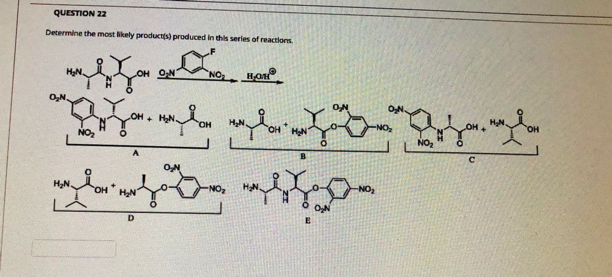 QUESTION 22
Determine the most likely product(s) produced in this serles of reactions.
H2N.
OH ON
NO
H.OH
O,N.
ON
OH +H2N
NO2
HO,
HO.
HN
-NON-
он.
H-N.
HO,
NO2
A
B
o
H2N.
HO,
NON-
HN.
-NON-
H2N
ON
D.
E
