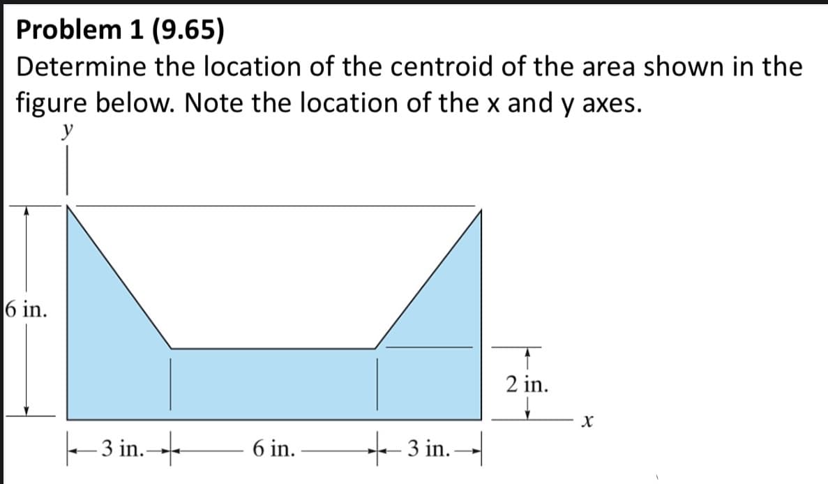 Problem 1 (9.65)
Determine the location of the centroid of the area shown in the
figure below. Note the location of the x and y axes.
y
6 in.
3 in.
6 in.
3 in.
2 in.
X