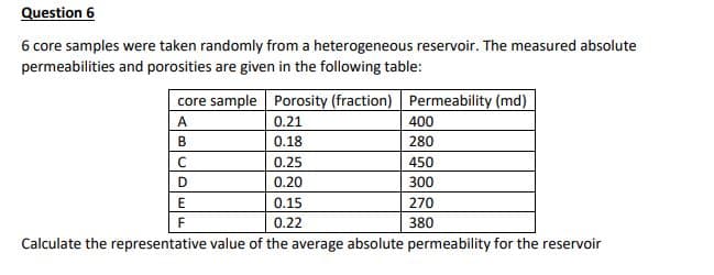 Question 6
6 core samples were taken randomly from a heterogeneous reservoir. The measured absolute
permeabilities and porosities are given in the following table:
core sample
Porosity (fraction)
Permeability (md)
A
0.21
400
B
0.18
280
C
0.25
450
D
0.20
300
E
0.15
270
F
0.22
380
Calculate the representative value of the average absolute permeability for the reservoir