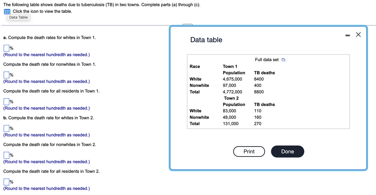 The following table shows deaths due to tuberculosis (TB) in two towns. Complete parts (a) through (c).
Click the icon to view the table.
Data Table
a. Compute the death rates for whites in Town 1.
%
(Round to the nearest hundredth as needed.)
Compute the death rate for nonwhites in Town 1.
%
(Round to the nearest hundredth as needed.)
Compute the death rate for all residents in Town 1.
%
(Round to the nearest hundredth as needed.)
b. Compute the death rate for whites in Town 2.
%
(Round to the nearest hundredth as needed.)
Compute the death rate for nonwhites in Town 2.
%
(Round to the nearest hundredth as needed.)
Compute the death rate for all residents in Town 2.
%
(Round to the nearest hundredth as needed.)
Data table
Race
White
Nonwhite
Total
White
Nonwhite
Total
Town 1
Population
4,675,000
97,000
4,772,000
Town 2
Population
83,000
48,000
131,000
Full data set
TB deaths
8400
400
8800
TB deaths
110
160
270
Print
Done
X