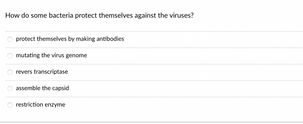 How do some bacteria protect themselves against the viruses?
protect themselves by making antibodies
mutating the virus genome
revers transcriptase
assemble the capsid
restriction enzyme
