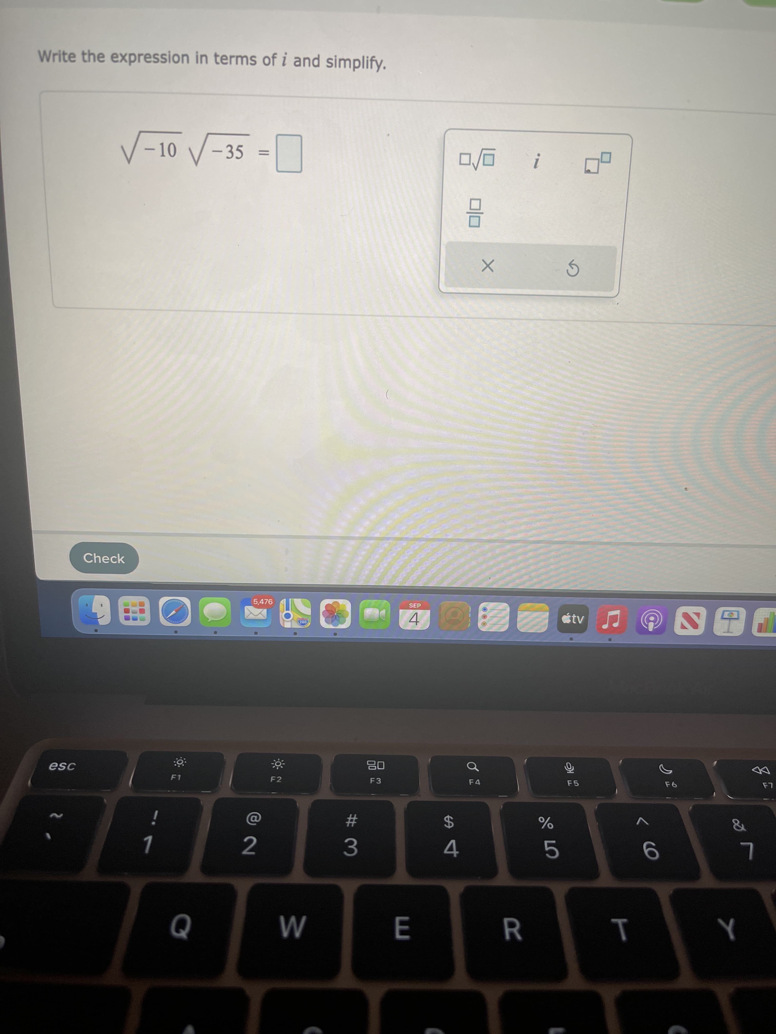 Write the expression in terms of i and simplify.
V-10 V-35 =
%3D
