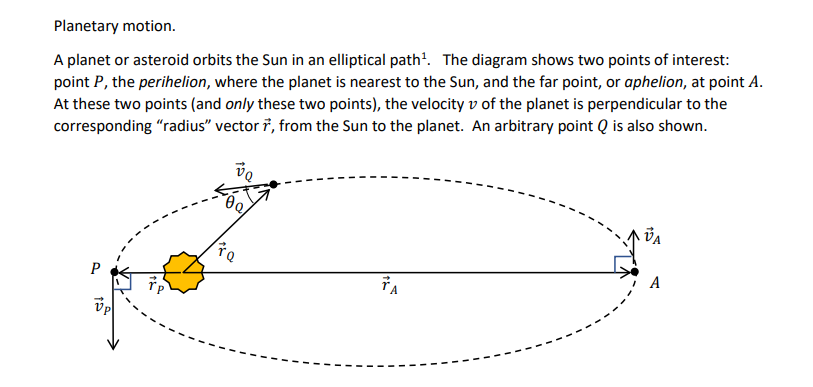 Planetary motion.
A planet or asteroid orbits the Sun in an elliptical path'. The diagram shows two points of interest:
point P, the perihelion, where the planet is nearest to the Sun, and the far point, or aphelion, at point A.
At these two points (and only these two points), the velocity v of the planet is perpendicular to the
corresponding "radius" vector ř, from the Sun to the planet. An arbitrary point Q is also shown.
P
A
