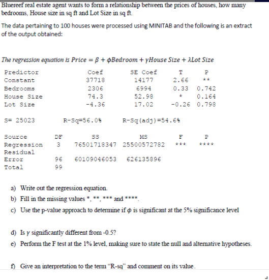 Bluereef real estate agent wants to form a relationship between the prices of houses, how many
bedrooms, House size in sq ft and Lot Size in sq ft.
The data pertaining to 100 houses were processed using MINITAB and the following is an extract
of the output obtained:
The regression equation is Price = ß + ØBedroom + yHouse Size + ALot Size
Predictor
Coef
SE Coef
Constant
37718
14177
2.66
**
Bedrooms
2306
6994
0.33 0.742
74.3
52.98
0.164
-0.26 0.798
House Size
Lot Size
-4.36
17.02
S= 25023
R-Sq=56.0%
R-Sq (adj)=54.6%
Source
DF
MS
F
Regression
Residual
3
76501718347 25500572782
***
****
96
Error
60109046053 626135896
Total
99
a) Write out the regression equation.
b) Fill in the missing values *, *
and
c) Use the p-value approach to determine if o is significant at the 5% significance level
d) Is y significantly different from -0.5?
e) Perform the F test at the 1% level, making sure to state the null and altemative hypotheses.
f) Give an interpretation to the term “R-sq" and comment on its value.
