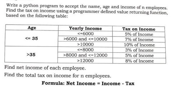 Write a python program to accept the name, age and income of n employees.
Find the tax on income using a programmer defined value returning function,
based on the following table:
Age
<= 35
>35
Yearly Income
<=6000
>6000 and <=10000
>10000
<-8000
>8000 and <=12000
>12000
Find net income of each employee.
Find the total tax on income for n employees.
Tax on Income
5% of Income
7% of Income
10% of Income
3% of Income
5% of Income
8% of Income
Formula: Net Income Income Tax
-