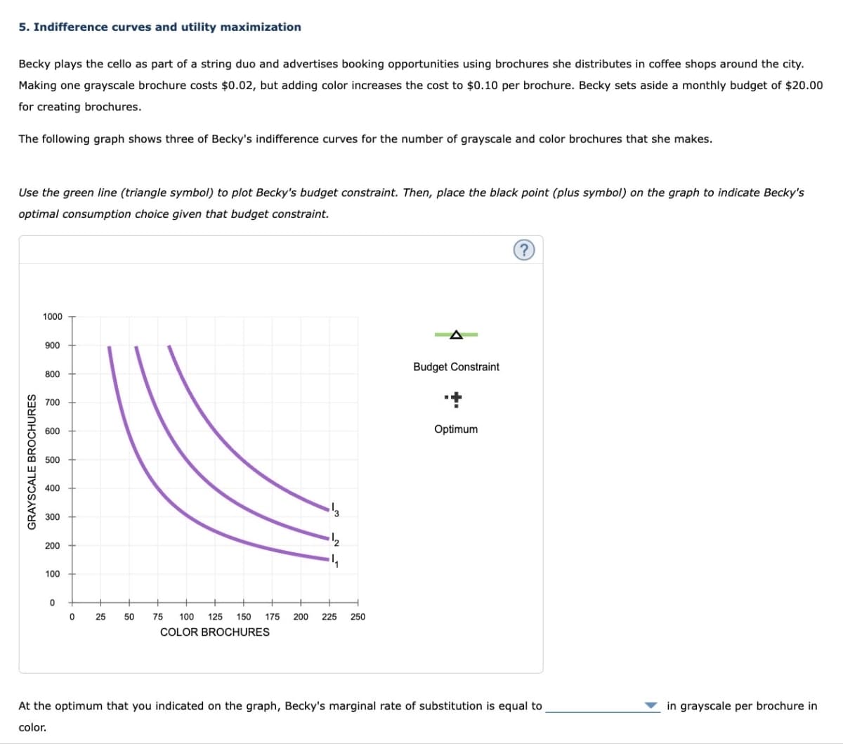5. Indifference curves and utility maximization
Becky plays the cello as part of a string duo and advertises booking opportunities using brochures she distributes in coffee shops around the city.
Making one grayscale brochure costs $0.02, but adding color increases the cost to $0.10 per brochure. Becky sets aside a monthly budget of $20.00
for creating brochures.
The following graph shows three of Becky's indifference curves for the number of grayscale and color brochures that she makes.
Use the green line (triangle symbol) to plot Becky's budget constraint. Then, place the black point (plus symbol) on the graph to indicate Becky's
optimal consumption choice given that budget constraint.
GRAYSCALE BROCHURES
1000
900
800
700
600
500
400
300
200
100
0
0 25
50
¹₂
75 100 125 150 175 200 225 250
COLOR BROCHURES
Budget Constraint
Optimum
?
At the optimum that you indicated on the graph, Becky's marginal rate of substitution is equal to
color.
in grayscale per brochure in