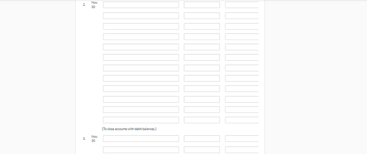 2.
3.
Nov.
30
Nov.
30
(To close accounts with debit balances.)